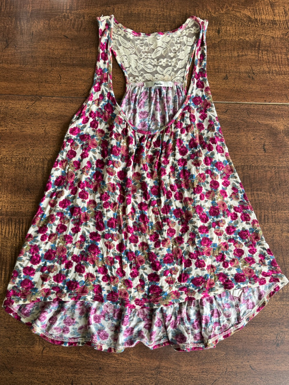 Papaya Womens Floral Tank Top Medium Made USA Lace Racerback Ruffle Hem Boho Y2K